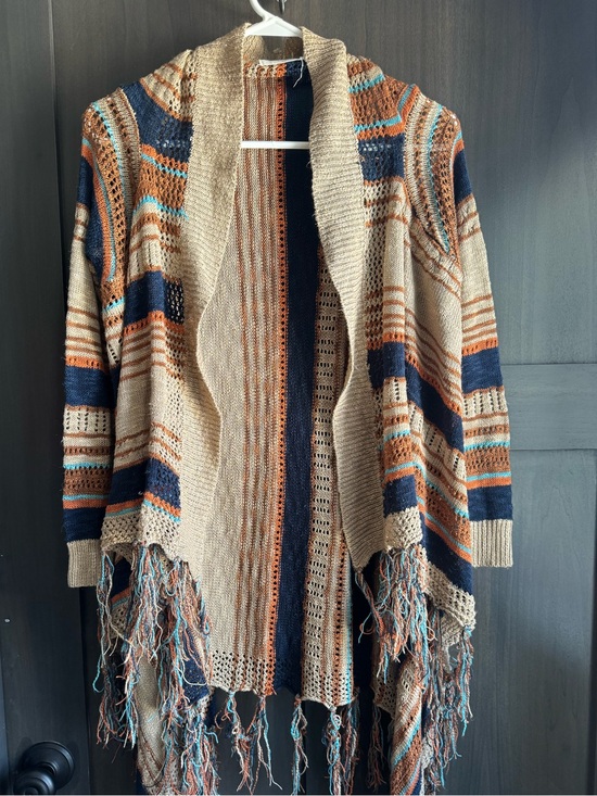 Selfie Couture Sweaters - Open-Front Fringe Knit Cardigan Sweater - Beige, Navy, Light Blue & Rust